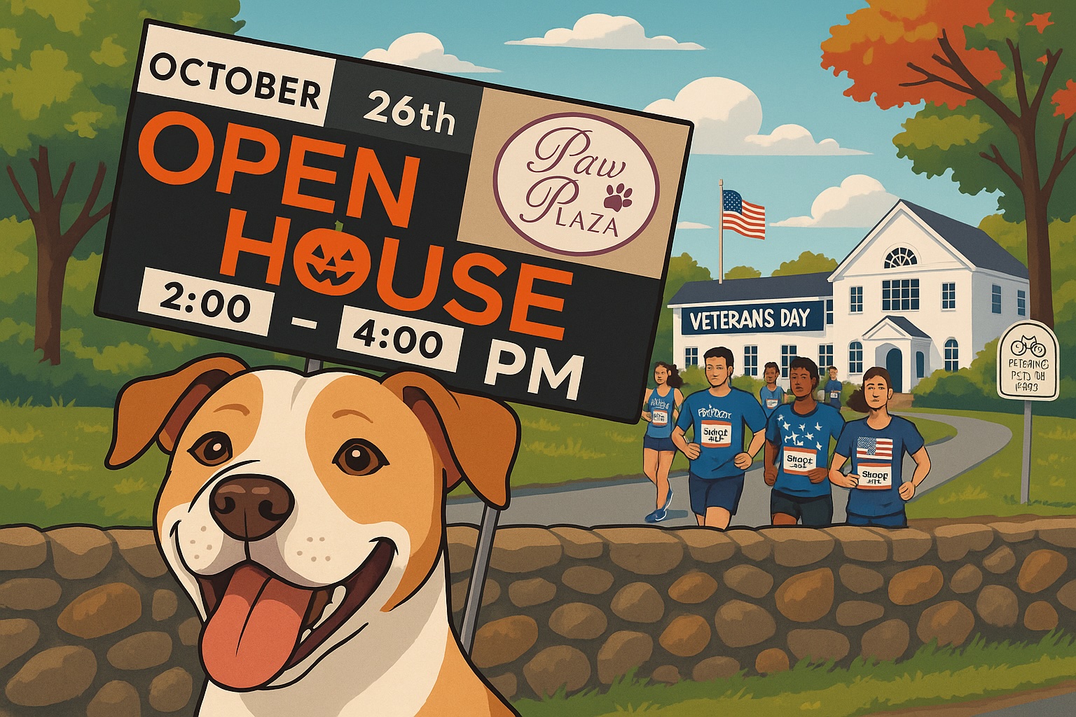 Paw Plaza facility with happy dogs
